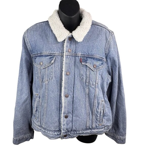 Y2K Levi's Trucker Denim Jean Jacket Sherpa Lined Blue Light Wash Women’s XL - Picture 2 of 13